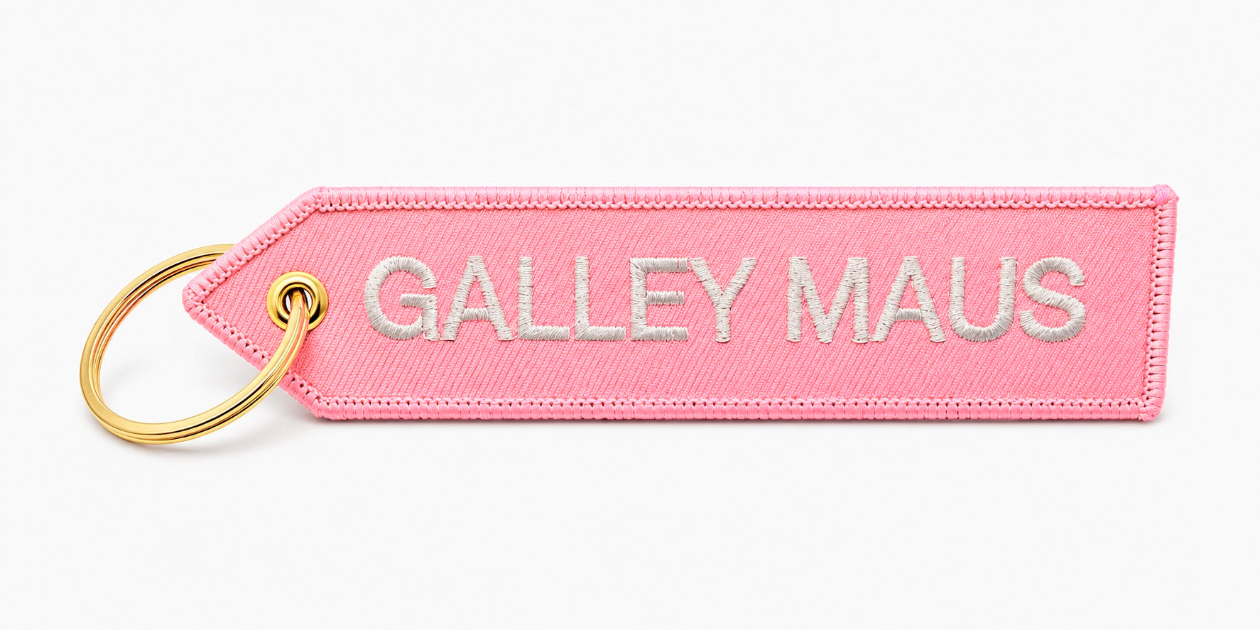 Bestickter rosa Schlüsselanhänger „Galley Maus“ mit goldenem Ring als Produktfoto