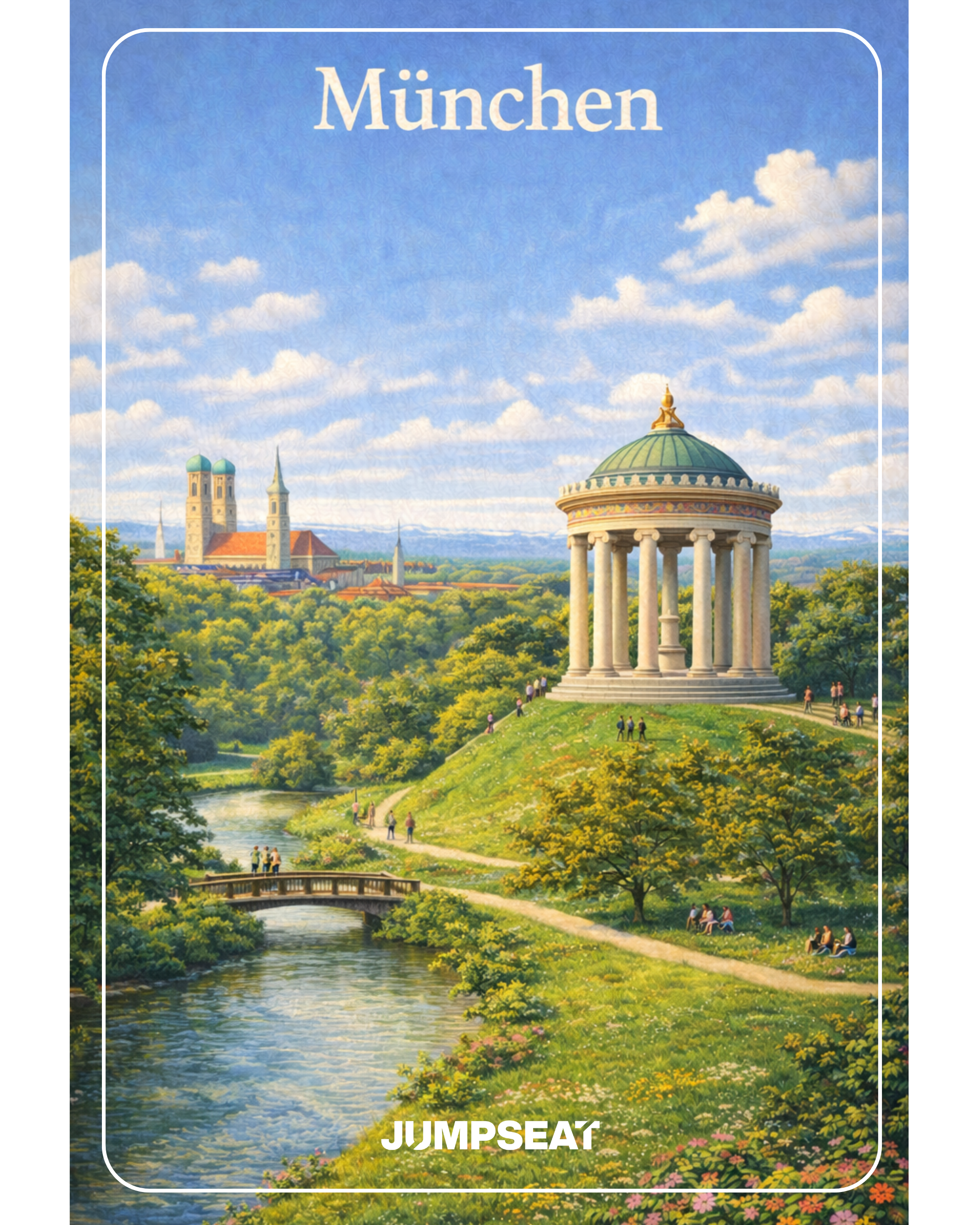München Reise Sticker mit Englischem Garten und Frauenkirche