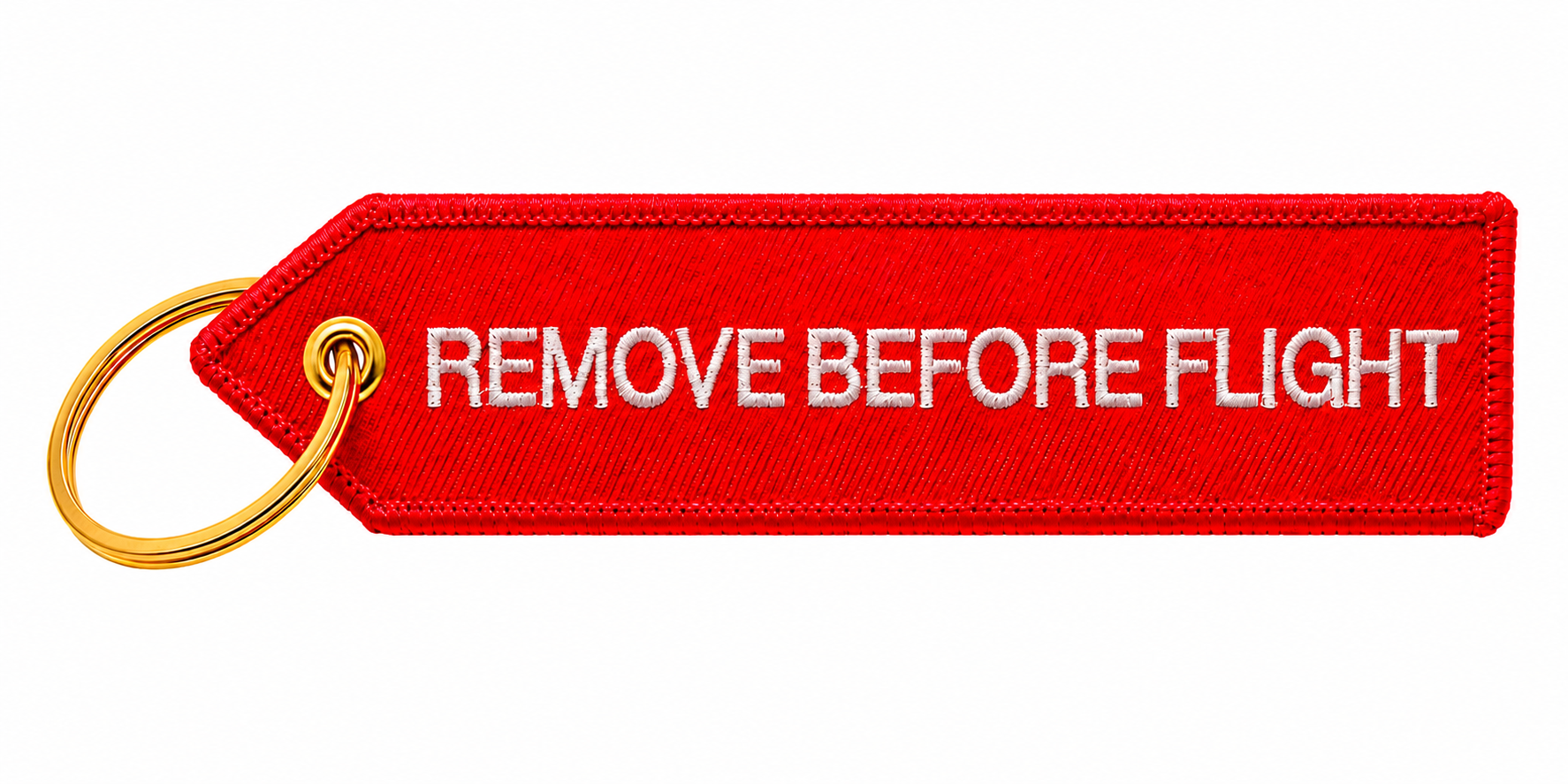 Roter "Remove before Flight" Schlüsselanhänger mit goldenem Ring