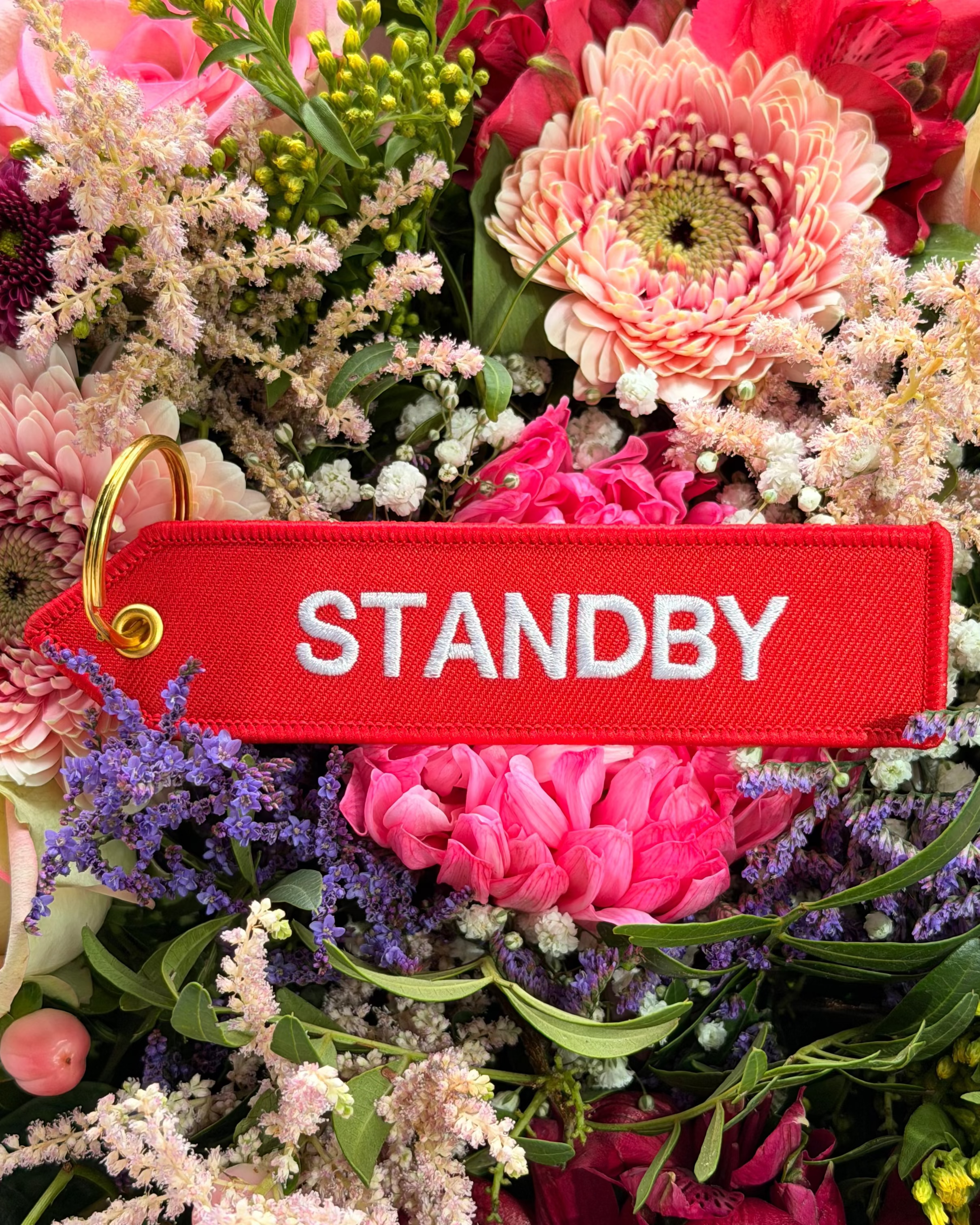 Roter Schlüsselanhänger "Standby" mit goldenem Ring
